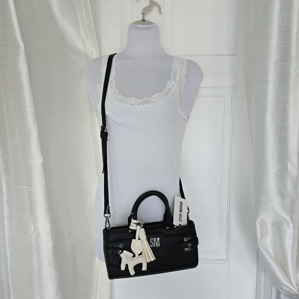 Steve Madden BMEAD Top Handle East West Crossbody Satchel Black Bag Horse Charm